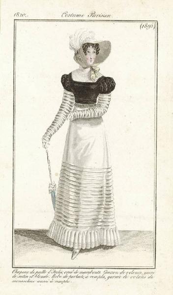 Journal des Dames et des Modes. Costume Parisien. Chapeau de paille d'Italie, orné de marabouts. Canezou de velours, garni de satin et blonde. Robe de perkale, à remplis, garnie de volans de mousseline aussi à remplis