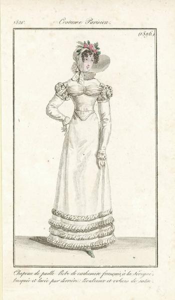 Journal des Dames et des Modes. Costume Parisien. Chapeau de paille. Robe de cachemire français, à la Sévigné, busquée et lacée par derrière: Rouleaux et volans de satin