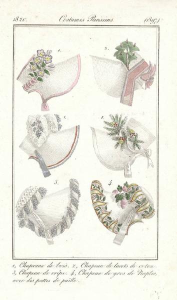 Journal des Dames et des Modes. Costumes Parisiens. 1, Chapeaux de bois. 2, Chapeau de lacets de coton. 3, Chapeau de crêpe. 4, Chapeau de gros de Naples, avec des pattes de paille