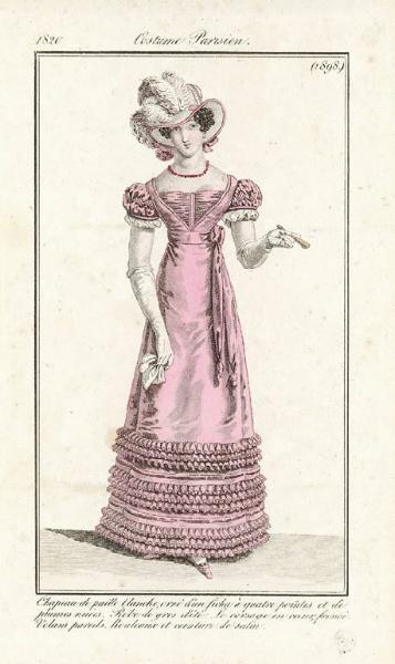 Journal des Dames et des Modes. Costume Parisien. Chapeau de paille blanche, orné d'un fichu à quatre pointes et de plumes nuées. Robe de gros d'été: Le corsage en coeur, froncé. Volans pareils. Rouleaux et ceinture de satin