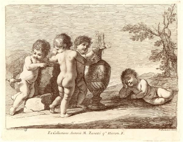 Quattro putti nudi intorno ad un vaso