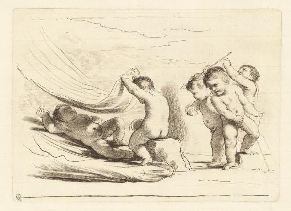 Cinque putti nudi che giocano