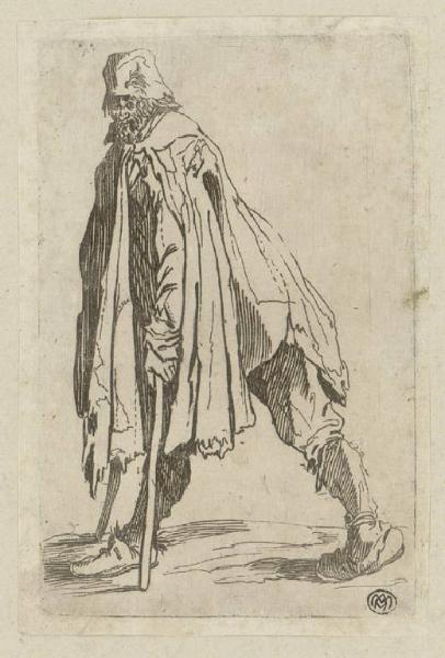 Il mendicante con le grucce e con berretto, visto di profilo