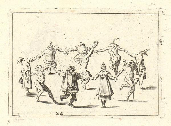 Girotondo di varie figure della Commedia dell'Arte