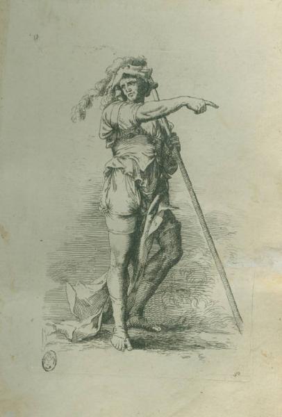 Soldato con cappello piumato e bastone appoggiato alla spalla destra