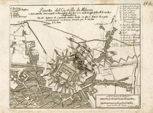 Pianta del Castello di Milano e Suoi attachi Cominciati li 15 Decembre del Ano 1733 dalle truppe delle M.ta Sarda e Christianissima Con Sei batterie di 51 pezzi tra Canoni, e bombe, et altre 6 batterie di 32 pezzi al camin Coperto con traverse....