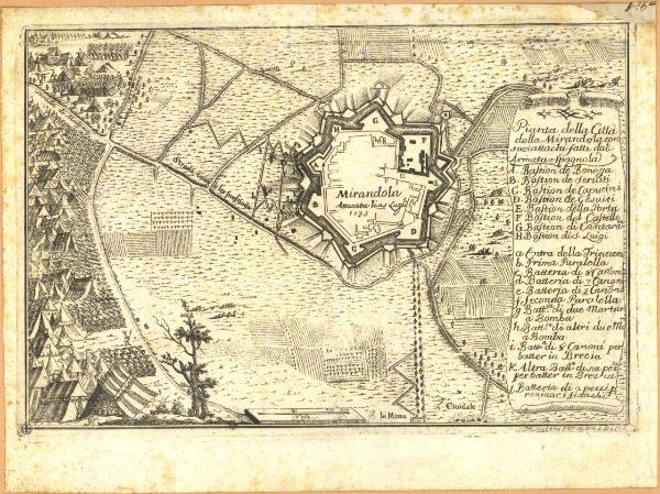 Pianta della città di Mirandola e suoi attacchi del 1735