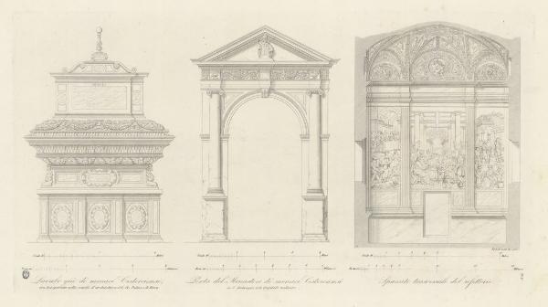 Lavabo già de' monaci Cistercensi ora trasportato nella scuola d'architettura del R. Palazzo di Brera/ Porta del Monastero de' monaci Cistercensi in S. Ambrogio, ora Ospitale militare/ Spaccato trasversale del refettorio