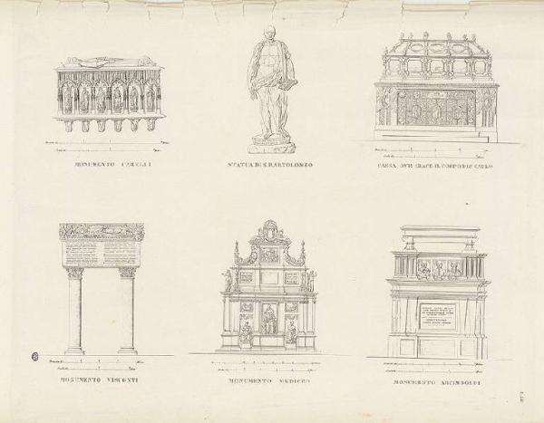 Milano. Duomo (Monumento Carelli) (Statua di San Bartolomeo) (Urna di San Carlo) (Monumento Visconti) (Monumento Medici) (Monumento Arcimboldi)