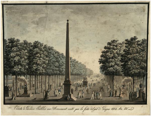 Veduta de Giardini Pubblici con Monumenti eretti per la festa del g.no 3. Giugno 1804 An. III°