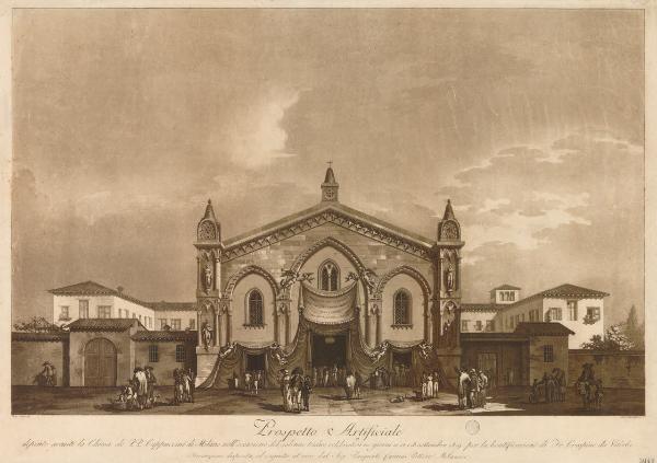 Prospetto artificiale dipinto avanti la Chiesa de' PP. Cappuccini di Milano nell'occasione del solenne triduo celebratosi ne' giorni 11, 12, e 13 Settembre 1809, per la beatificazione di Fr. Crispino da Viterbo