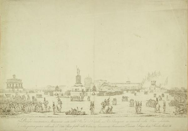 Disegno dimostrativo i Monumenti eretti nella Piazza del Castello, ora Foro Bonaparte in occasione della Pace celebrata, e della prima pietra collocata in detto Foro dalli Cittadini Governanti Sommariva, Visconti, Ruga li 10 Fiorile Anno IX