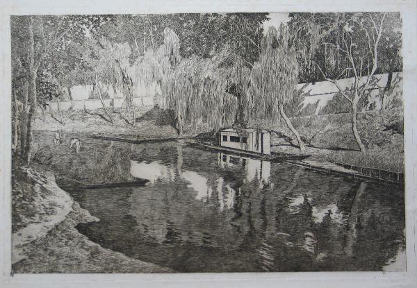 Paesaggio con specchio d'acqua e contadini al lavoro