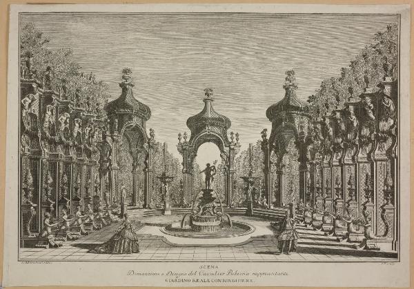 Scena D'invenzione e Disegno del Cavalier Bibiena rappresentante Giardino Reale con ringhiere