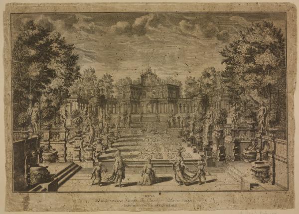 Scena D'invenzione e Disegno del Cavalier Bibiena rappresentante Giardino con Palazzo Reale