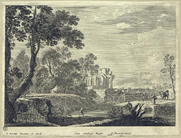 Paesaggio fluviale con rovine e personaggi