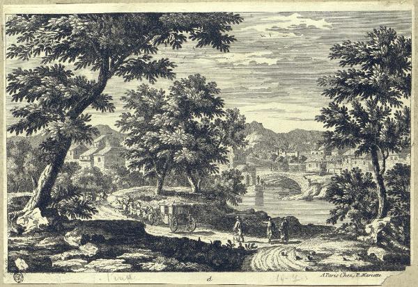Paesaggio fluviale con ponte e carrozza