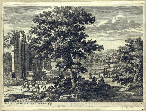 Paesaggio fluviale con rovine e fontana