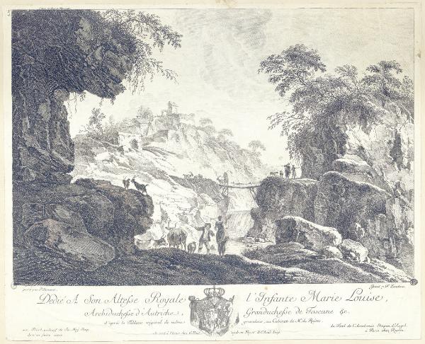 Paesaggio boschivo con ponte e cascata