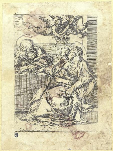 Sacra Famiglia con scena biblica sullo sfondo