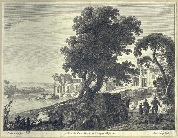 Paesaggio fluviale con edifici e figure