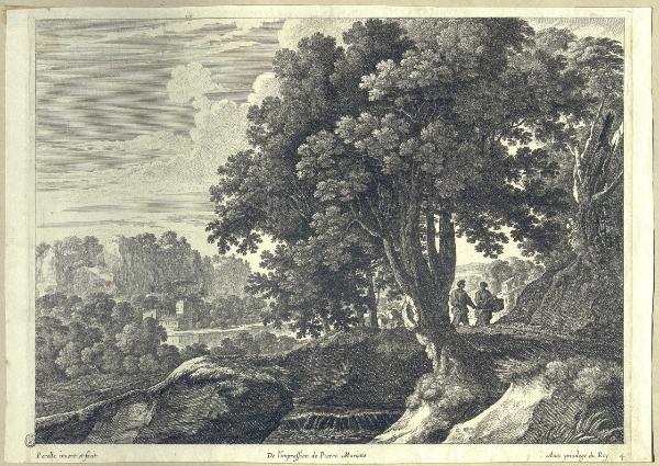 Paesaggio fluviale con edifici e figure