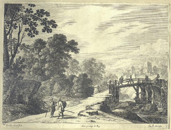 Paesaggio fluviale con ponte e viandanti