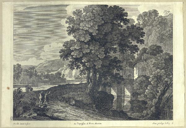 Paesaggio fluviale con ponte, edifici e viandanti