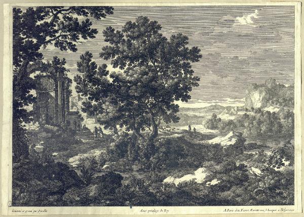 Paesaggio fluviale con rovine e figure