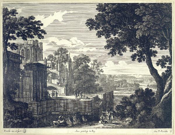 Paesaggio fluviale con edifici e figure