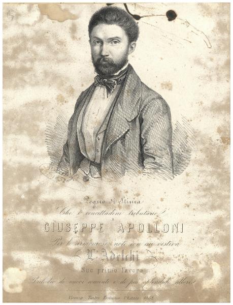 Pegno di stima che i concittadini tributano a Giuseppe Apolloni per armoniose note con cui vestiva l' Adelchi suo primo lavoro...Vicenza Teatro Eretemio l' Estate 1852