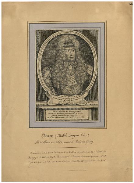 Michel Boyron dit Baron par Louis XIV ce nom lui a resté, fameux Comedien né a Paris il est mort en 1729 agé de 77 ans