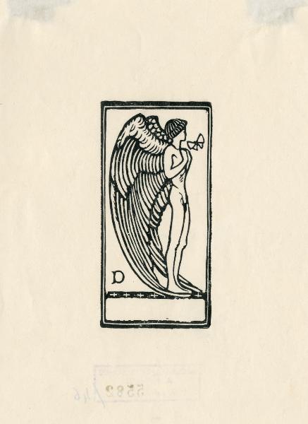 Ex libris raffigurante un nudo alato con farfalla