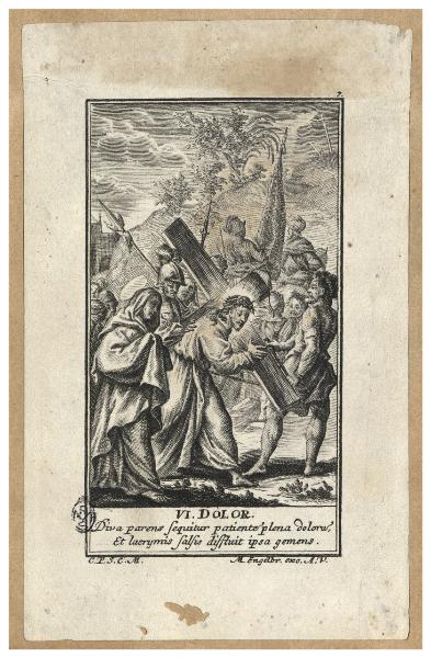 VI. Dolor. Diva parens sequitur patiente plena dolorum, et lacrymis salsis difluit ipsa gemens