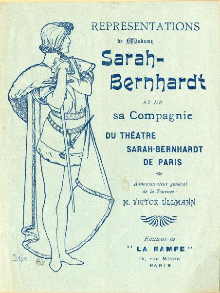 Sarah Bernhardt, figura intera in costume su programma "Théâtre Royal de la Haye" 3 ottobre 1899