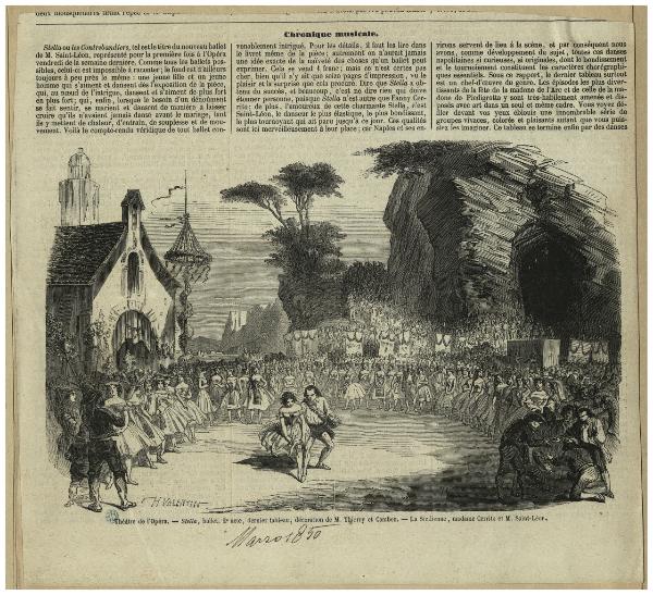 Théâtre de l'Opéra, Stella, ballet, 2e acte, dernier tableau, décoration de M. Thierry et Cambon, La sicilienne, madame Cerrito et M. Saint-Léon :