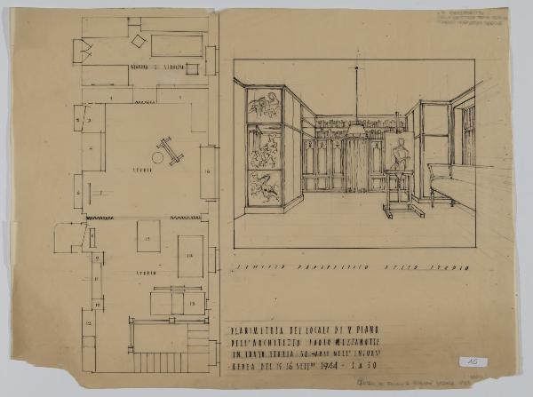 Schizzo prospettico dello studio. Planimetria di locali di V piano dell'architetto Paolo Mezzanotte in Corso Italia 50 - Arsi nell'incurs.e aerea del 15-16 sett.re 1944, 1 a 50