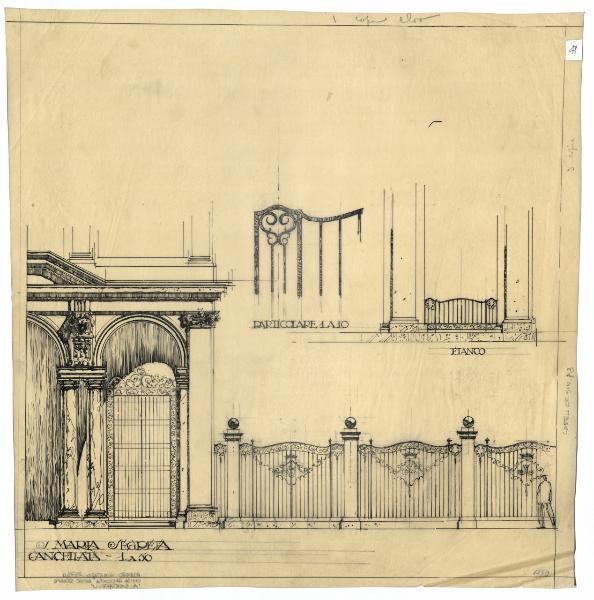 Chiesa di Santa Maria Segreta a Milano. Cancellata (n. 1780) - scala 1:10 (particolare e fianco); scala 1:50