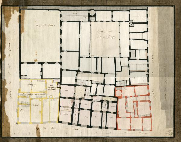 Planimetria dell'edificio tra Contrada di San Giovanni delle Case Rotte, Piazza della Scala e Contrada del Marino, con indicazioni stradali, destinazioni d'uso e di proprietà