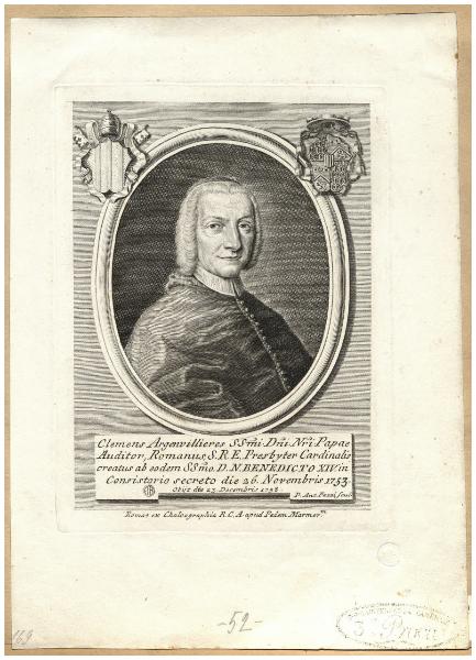 Clemens Argenvillieres SSmi. Dni. Nri. Papae auditor, romanus, S.R.E. presbyter cardinalis creatus ab eodem SSmo. D.N.Benedicto XIV in consistorio secreto die 26 novembris 1753. Obyt die 23 decembris 1758