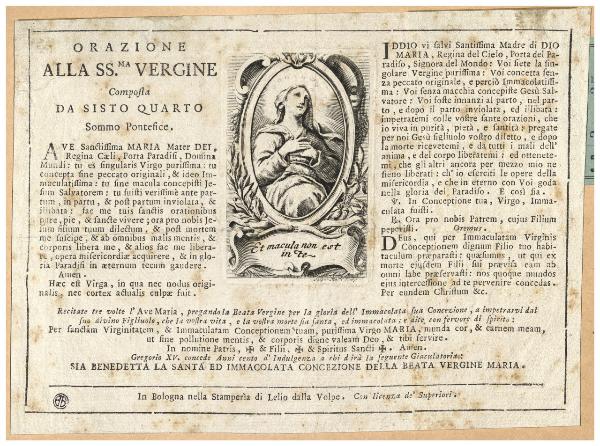 Orazione alla SS.ma Vergine composta da Sisto Quarto Sommo Pontefice - Et macula non est in te