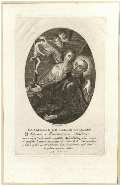 S. Camillus de Lellis cler. reg. infirmis ministrantium fundator suae congreg.is initio multis exagitatus difficultatibus, dum coram S.mo Crucifixo lacrjmans enixe orat [...]