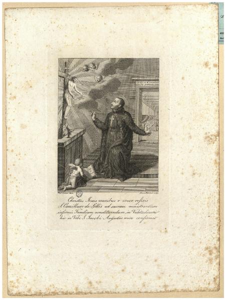 Christus Jesus manibus e cruce refixis S. Camillum de Lellis ad sacram ministrantium infirmis Familiam constituendam, in Valetudinario hic in Urbe S. Jacobi Augustae mire confirmat