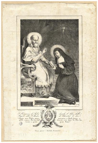 S. Francesco di Sales dando il libro delle Regole alla S. Madre di Chantal le dice: Seguite mia Figlia questo cammino, e fatelo tenere a quelle anime, che fino all'eternità sono state da Dio destinate a questo gran bene