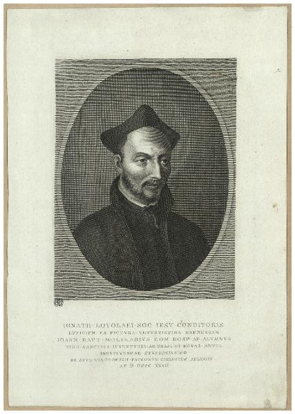 Ignatii Loyolaei Soc. Iesu conditoris effigiem ex pictura vetustissima expressam Ioan Bapt Molinarius rom. hosp. ap. alumnus viro Sanctiss. iuventutis ad relig. et bonas artes instituendae studiosissimo de arte sua dedicavit [...]