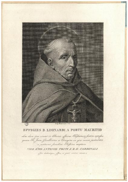 Effigies B. Leonardi a Portu Mauritio olim dum ipse viveret in libraria officina Rossiorum furtim expressa; quam Fr. Joan. Gualbertus a Camajore in ejus causa postulator a postremo familiae Rossiae receptam viro Emo. Antonio Tosti S.R.E. [...]