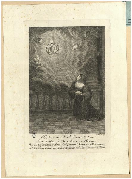 Effigie della Ven.le Serva di Dio Suor Margherita Maria Alacoque religiosa della Visitazione di Santa Maria, singolar propagatrice della Divozione al Divin Cuore di Gesù, glorificato soprattutto nel SSmo Sagramen.to dell'Altare