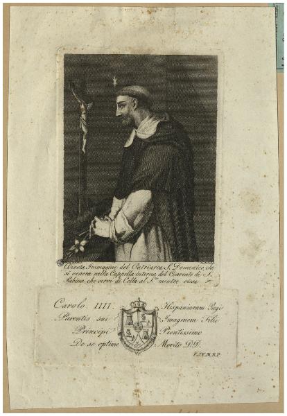 Divota Immagine del Patriarca S. Domenico, che si venera nella Cappella interna del Convento di S. Sabina, che servì di Cella al S.to mentre visse