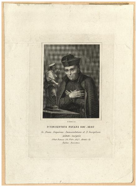 P. Vincentius Pavani Soc. Iesu / In Deum. Deiparam. Immaculatam. et S. Iosephum pietate. insignis [...]