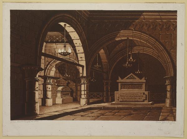 Interno di tempio egizio con sarcofagi